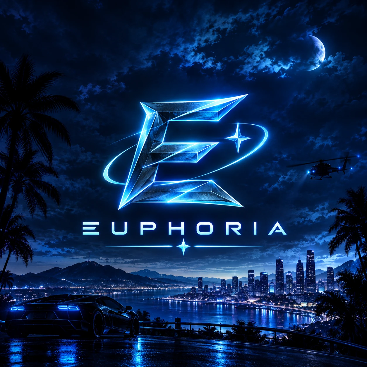 EUPHORIA-Logo über der nächtlichen Bucht von Strandheim